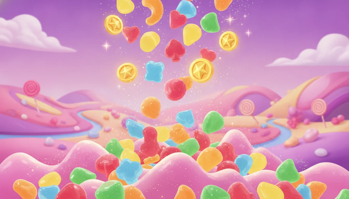 Gummy candies tumbling like an avalanche with glowing multiplier badges — the tumbling mechanic of Sweet Loot