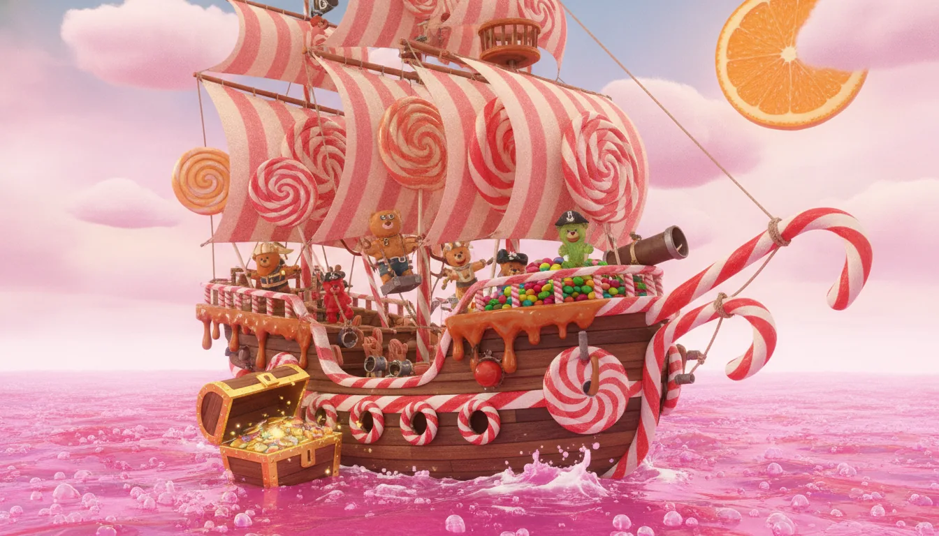 Candy pirate ship loaded with gummy bears, lollipops and a treasure chest of sweets — key art in the style of the Sweet Loot slot